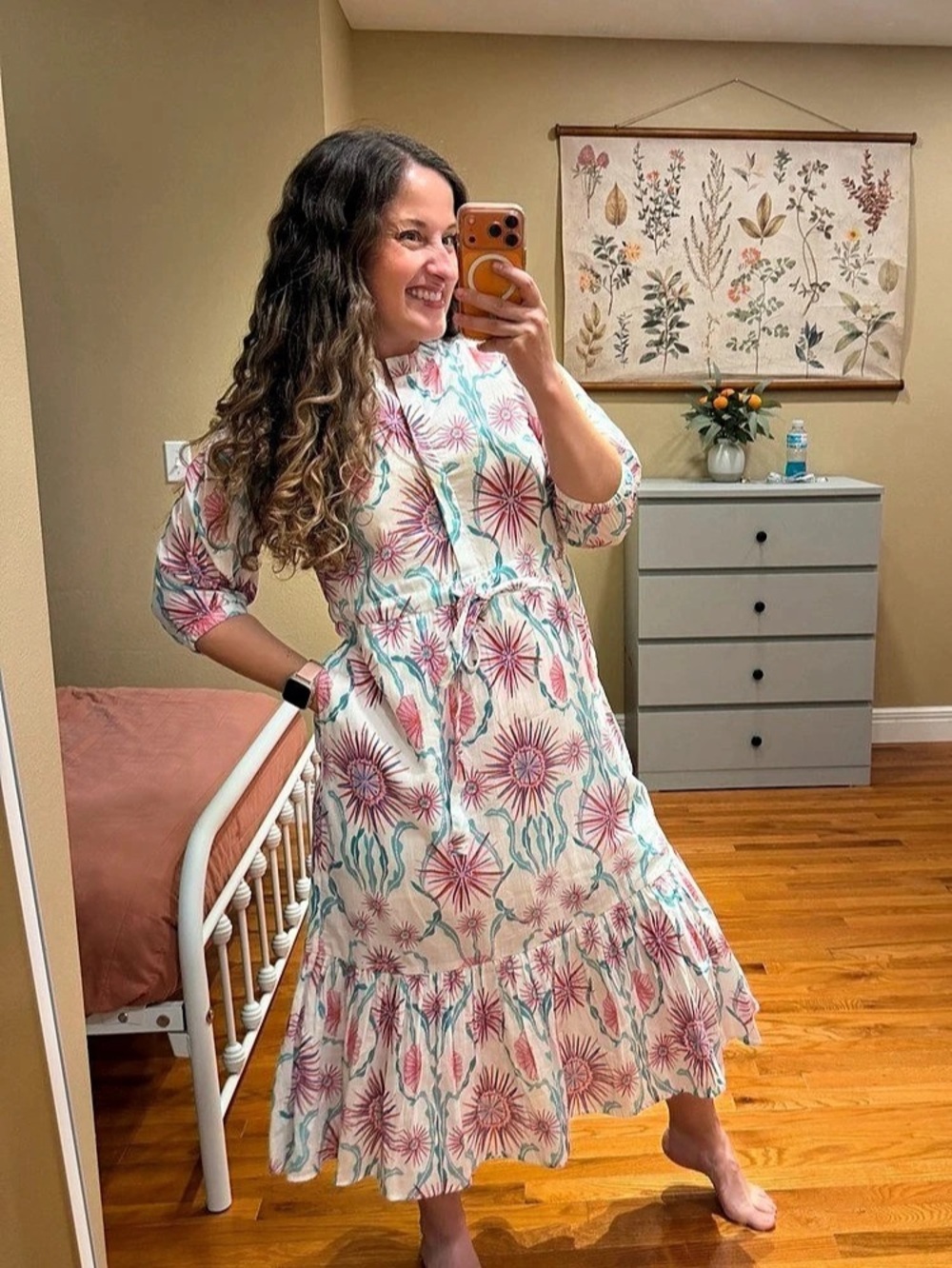 Tuckernuck Banjanan Bazaar Floral Midi Dress in White & Pink Size Small Cotton - Picture 4 of 12
